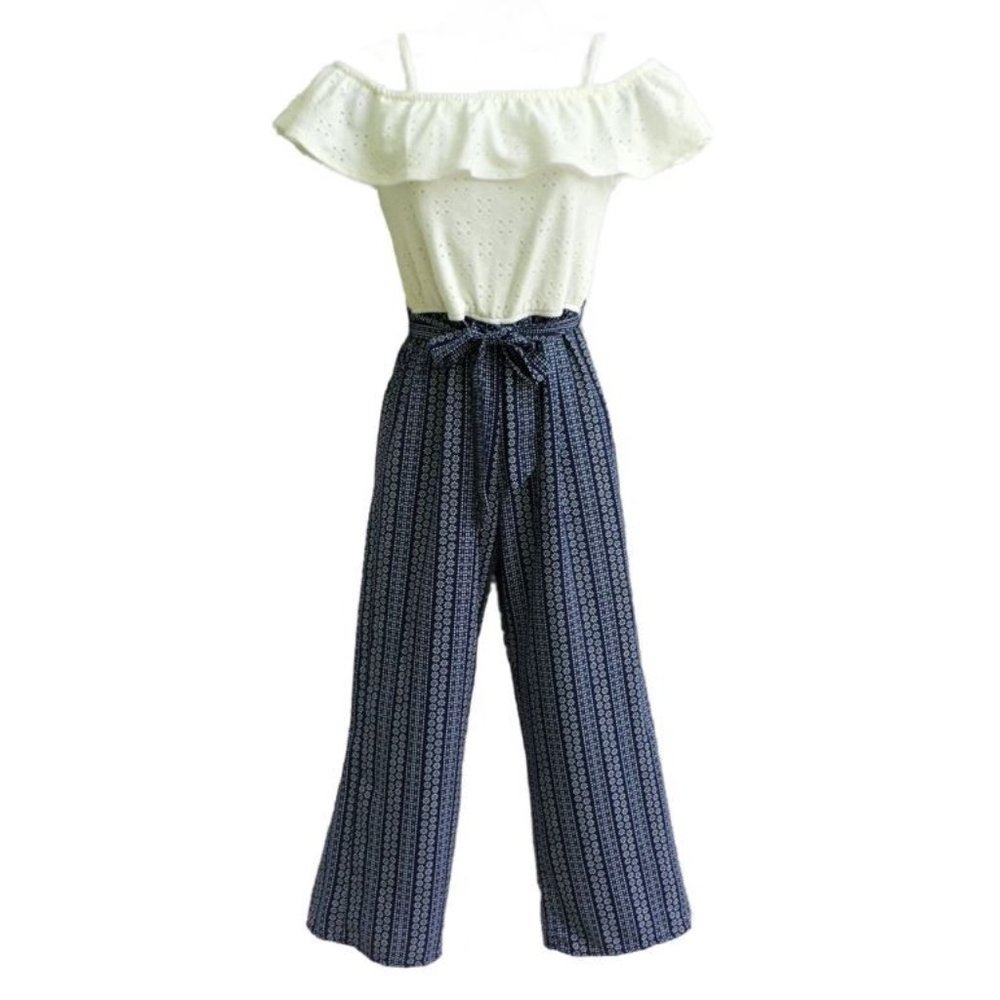 IZ Byer Girl Jumpsuit White Eyelet Top Navy Floral Pant Shoulder Ruffle M 10 12